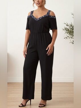 Black V-Neck Cold-Shoulder Pant Jumpsuit Size XXL Like New